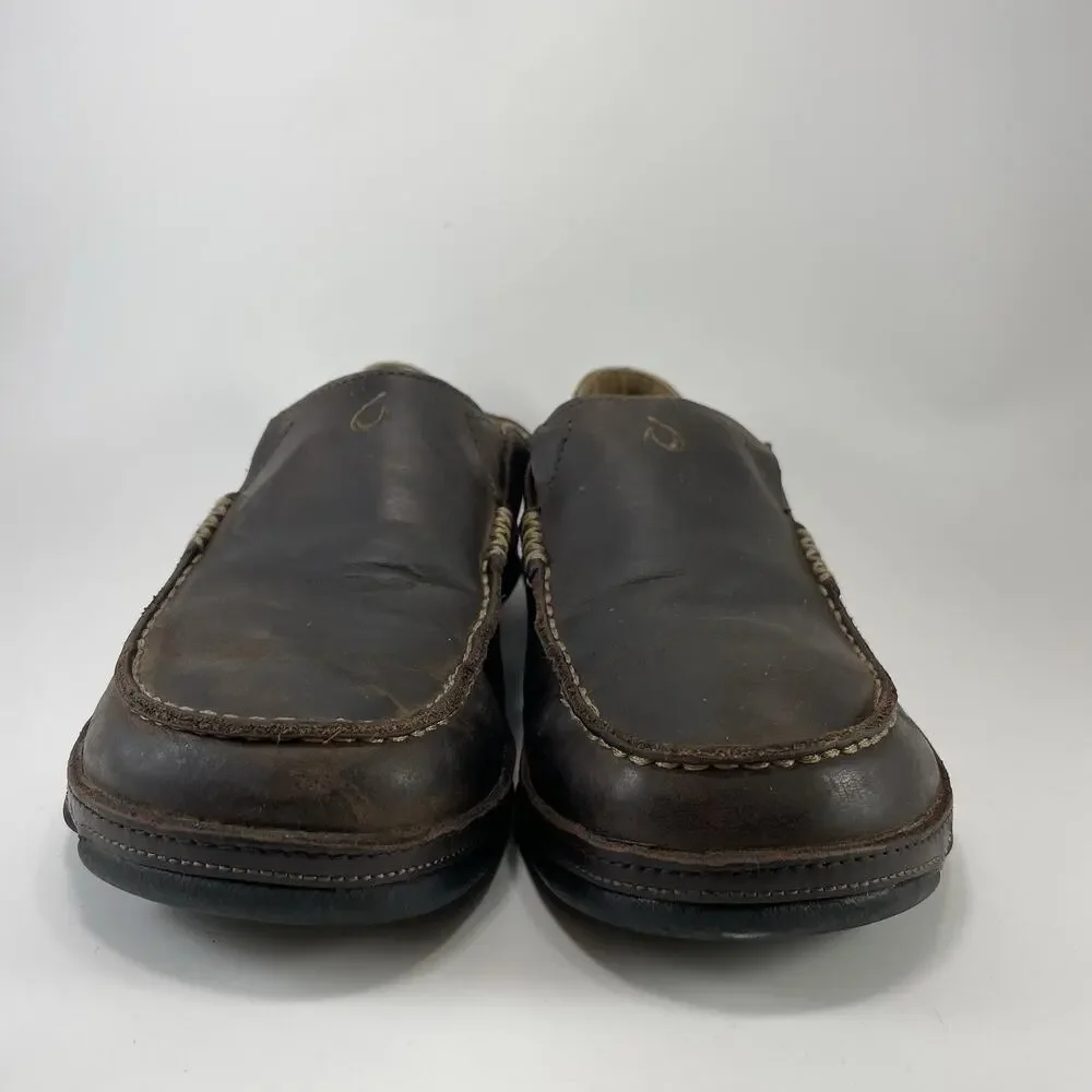 OluKai Moloa Dark Wood Leather Loafers Slip On Casual Shoes Mens Size 8 Hawaiian